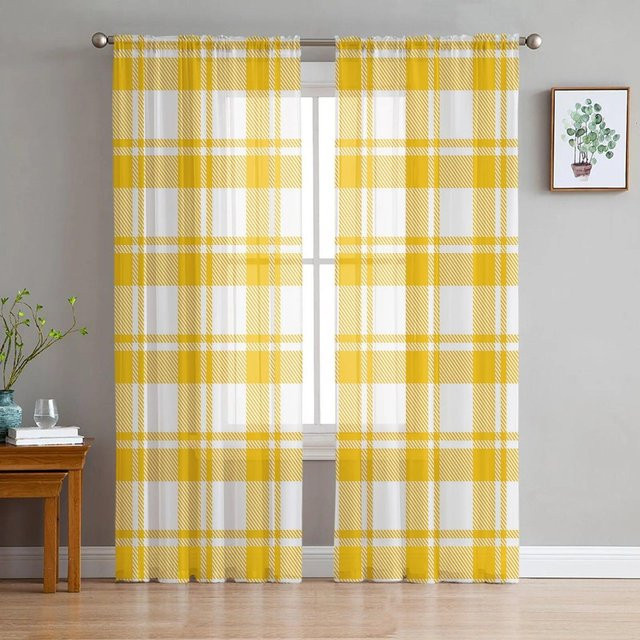 A Family Of Home Textiles Fenstervorhang mit Karomuster in Gelb, transparentes Tüll-Voile-Dekorationspanel für Wohnzimmer, Küche oder Schlafzimmer, Breite: 135 cm, Höhe: 137 cm - Bild 1