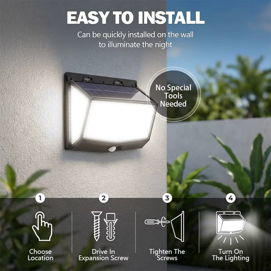 XIWANGFIRE LED Solar-PIR-Bewegungsmelder Wandleuchte in Schwarz mit 3 Modi, IP65 wasserdichte Sicherheitslampe mit Dämmerungssensor für Garten und Hof - Bild 4