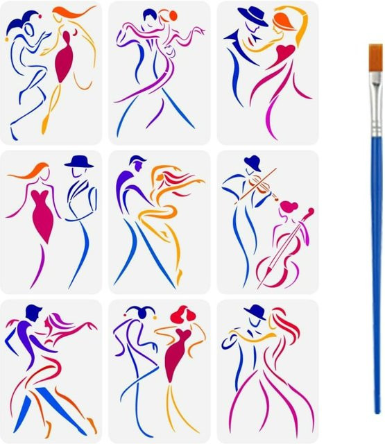 9 Stück abstrakte Linienfiguren Malschablone mit Pinsel für Tanzmotive, Multicolor, Kunststoff, Größe: 21,1 x 29,7 cm - Bild 1