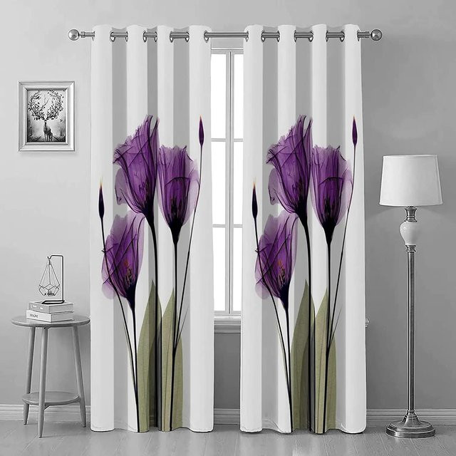 Zweierpack semi-transparente Zimmergardinen mit lila Lilien-Print und Ösen, Breite: 60 cm, Höhe: 60 cm - Bild 1