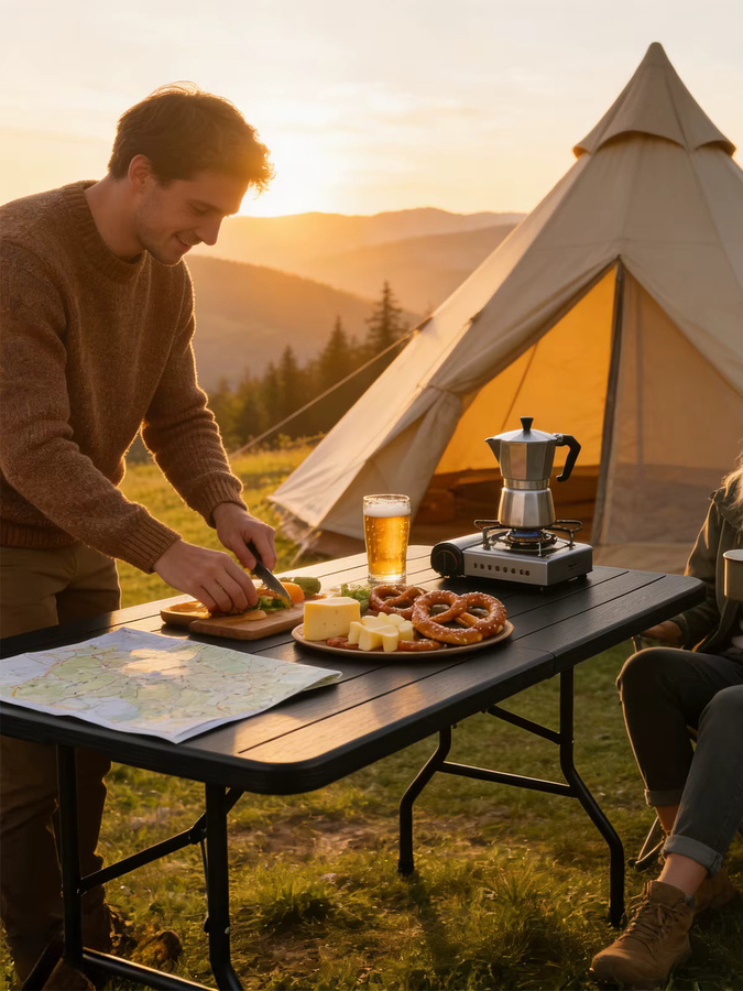 Eiryss Tragbarer Klapptisch aus HDPE für Garten und Camping, Rechteckig, Schwarz/Braun, Breite: 180 cm, Höhe: 74 cm, Tiefe: 70 cm, inklusive 2 Tischsets und Untersetzern - Bild 9