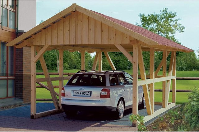 Skan Holz Fachwerk-Einzelcarport Schwarzwald aus Nadelholz in Braun mit spitzer Dachform, B: 424 cm, T: 772 cm, H: 310 cm - Bild 1