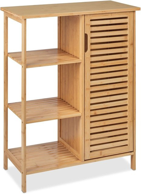Relaxdays Badschrank aus Bambus in Natur mit Tür und Regalfächern, H: 87,5 cm, B: 67 cm, T: 33 cm - Bild 1
