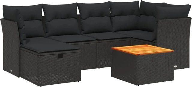 vidaXL 7-tlg Garten-Sofagarnitur aus Poly-Rattan und Akazienholz in Schwarz mit Kissen Modell 181 - Bild 1