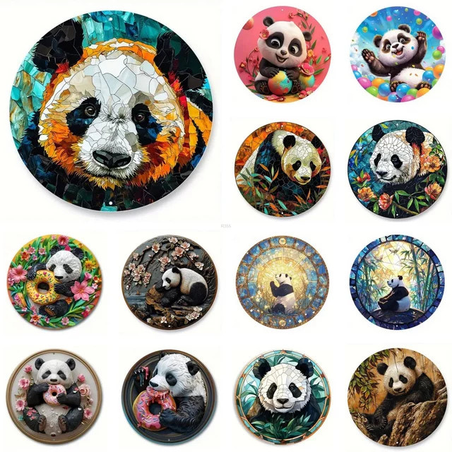 Potdemiel Retro Rundes Metallschild mit Panda Motiv, Mehrfarbig, Durchmesser: 20 cm - Bild 1