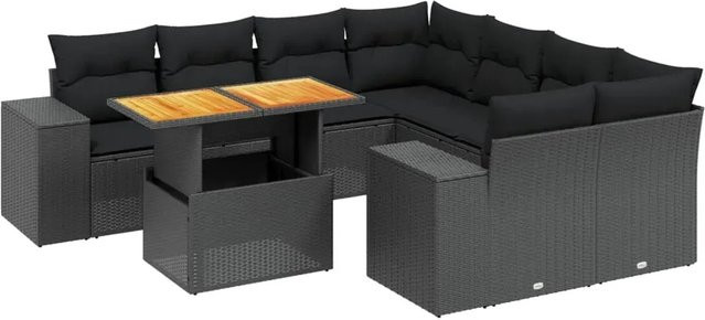 vidaXL 9-tlg. Garten-Sofagarnitur in L-Form aus Poly-Rattan und Akazienholz mit Kissen in Schwarz - Bild 1