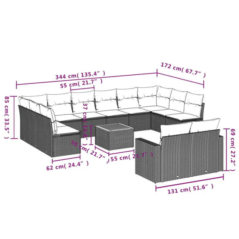 Vidaxl Gartenmöbel-Set aus Polyrattan und Akazie mit 13 Teilen in Schwarz inklusive Kissen - Bild 2