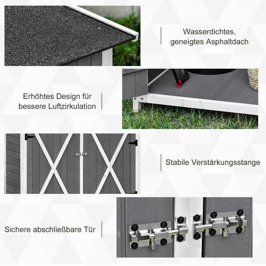 Outsunny Gartenschrank aus Tannenholz mit 2 Türen und Asphaltdach in Grau und Weiß, B/T/H: 139 x 75 x 160 cm - Bild 5