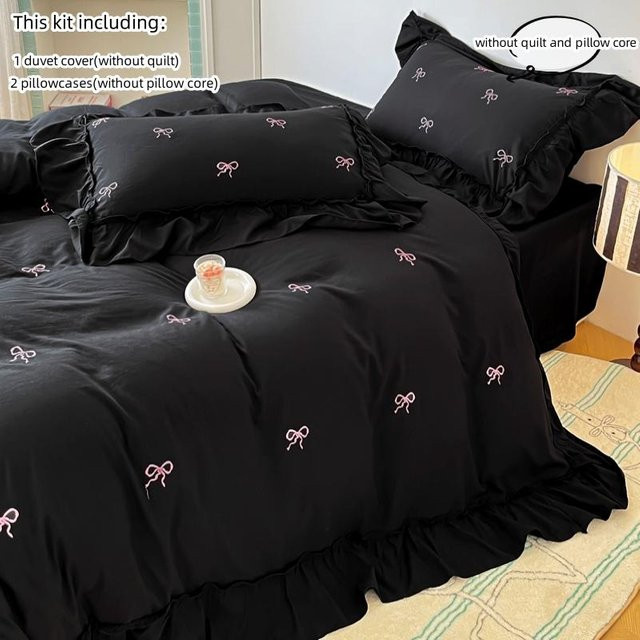 3-teiliges Bettwäscheset Bin Chi Textiles mit Schleifenstickerei und Rüschen in Schwarz, Breite: 135 cm, Länge: 200 cm - Bild 1