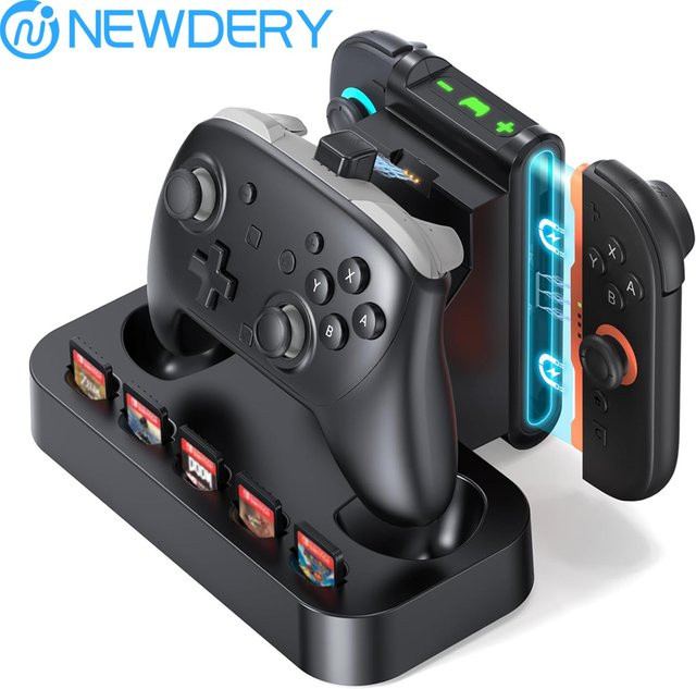 NEWDERY 2-in-1 Ladestation für Nintendo Switch Pro Controller und Joycon mit 5 Spielkarten-Speicherplätzen in Schwarz - Bild 1