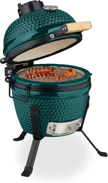 Relaxdays Kamado Keramik-Kugelgrill mit Thermometer in Grün, B/T/H: 56,5 x 43 x 46 cm - Bild 1