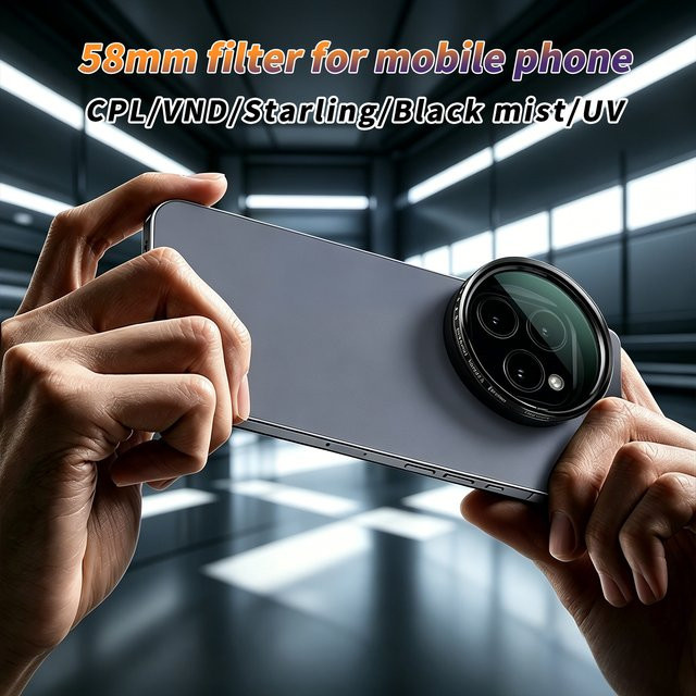 OBKEY Metallfilter-Clip für Smartphone-Kameras mit UV CPL ND2-400 Filtern und weichen Sterneffekten, Schwarz, 58 mm - Bild 1