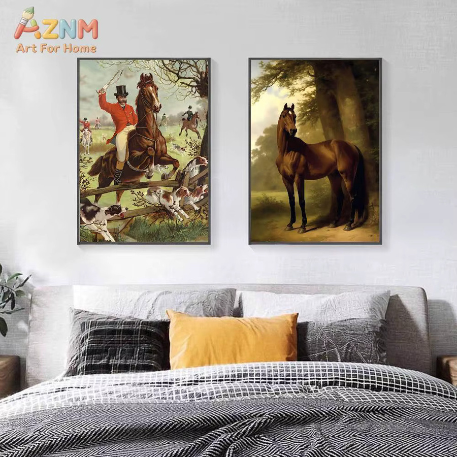 AZNM Vintage Leinwand-Wandkunst mit Reitsport- und Jagdmotiv, ungerahmtes Tierdruck-Gemälde in Multicolour - Bild 5