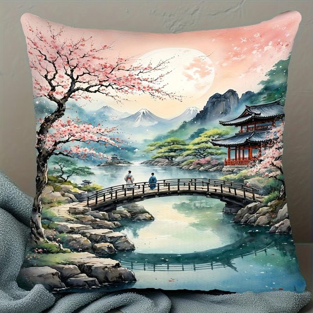 JMG Clothing Japanischer Kissenbezug mit Kirschblütenbaum und Pagoden-Motiv, Multicolour, B/B: 60 x 60 cm - Bild 1