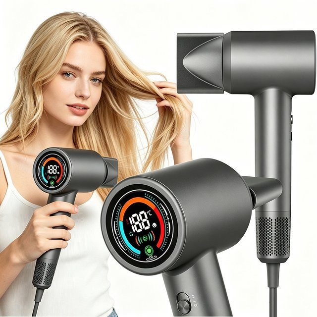 Blattloser Haartrockner, 1500W, Grau, mit LCD-Display - Bild 1