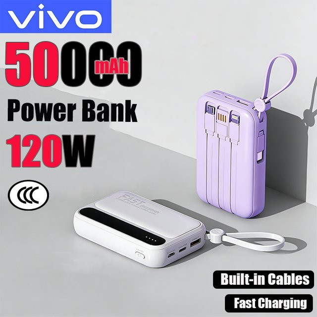 VIVO Powerbank 50000mAh mit 120W Superschnellladefunktion, 4-in-1-Kabel und LED-Digitalanzeige in Schwarz oder Lila - Bild 1