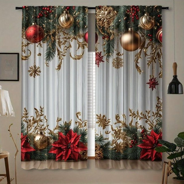 Yiran Furniture Weihnachtsvorhang-Set mit Weihnachtsmann und Glocke, 2 Stück, Polyester, halbtransparent, Mehrfarbig, Breite: 100 cm, Höhe: 130 cm - Bild 1