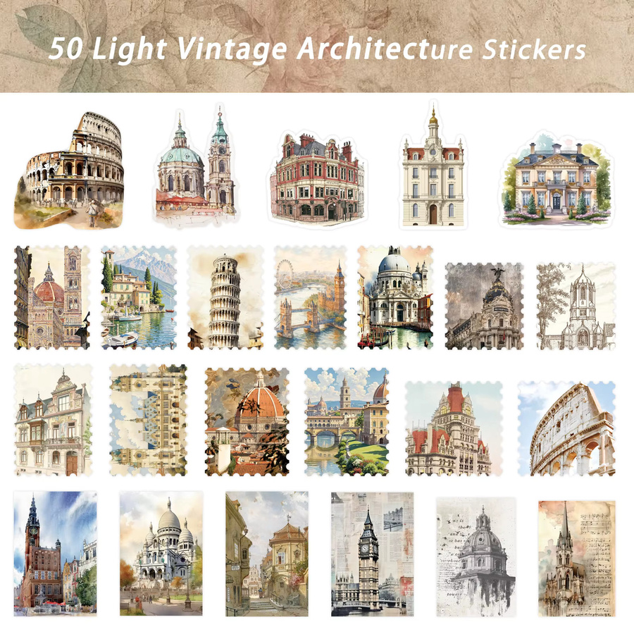 50 Stück Retro-Aufkleber Weltreise mit Architektur-Motiven in Multicolour für Laptop, Koffer und Wasserflaschen - Bild 3