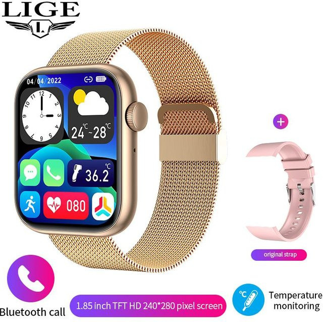 LIGE Smartwatch für Damen und Herren mit 1,85 Zoll Display, Bluetooth Anruffunktion, Körpertemperaturmessung und Milanese Armband in Gold - Bild 1