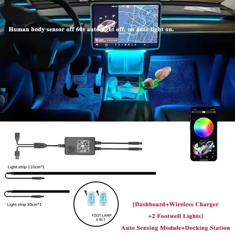 QYJSD 2 in 1 Dynamische Neon RGB LED Umgebungsbeleuchtung für Tesla Modell 3 und Modell Y, Multicolour Dashboard Dekolampe mit USB-Anschluss - Bild 2