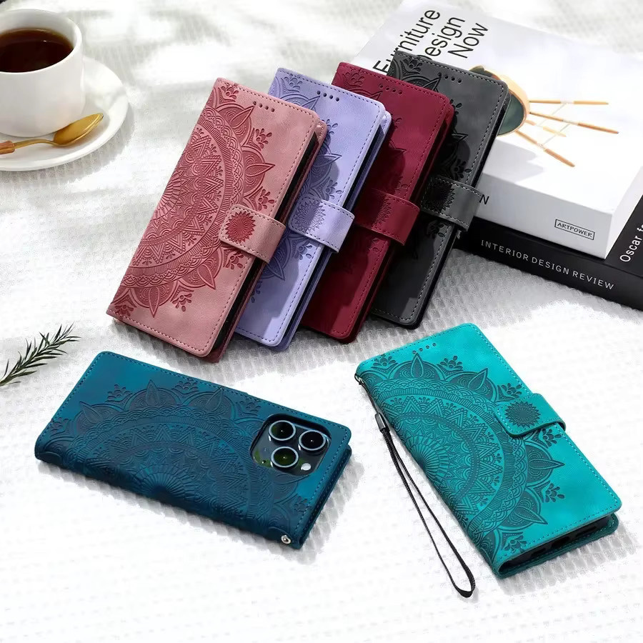 Geprägte Totem Leder Handyhülle Wallet Cover für Samsung Galaxy S26 Ultra S25 Edge S24 S23 S22 FE S21 S20 Plus Note 20 Flip in Schwarz - Bild 4