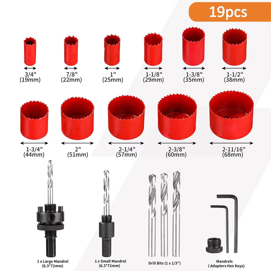Podofo 19-teiliges M42 Bi-Metall Lochsägen-Set in Rot mit 11 Sägeblättern, 2 Schaftstücken und 3 Bohrern für Aluminium, Holz und PVC - Bild 5