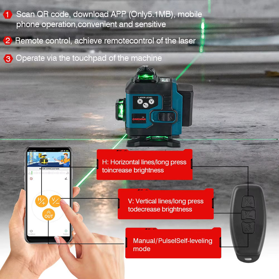 ONEVAN 4D-Laser-Wasserwaage mit 16 Linien und grünem Laserstrahl, selbstnivellierend, horizontal und vertikal - Bild 4