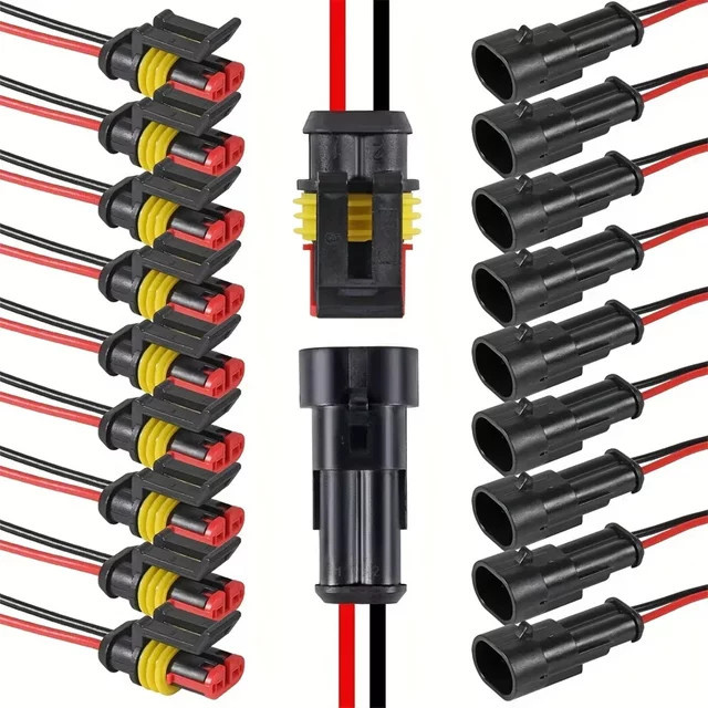 2-poliger wasserdichter Steckverbinder Set mit männlichen und weiblichen Kontakten für 16 AWG-Draht in Schwarz - Bild 1