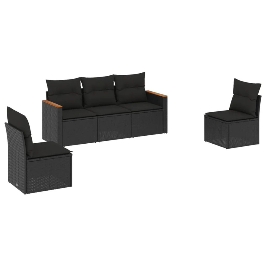 vidaXL 5-tlg Garten-Sofagarnitur in L-Form aus Polyrattan und Akazienholz mit Kissen, Schwarz - Bild 2