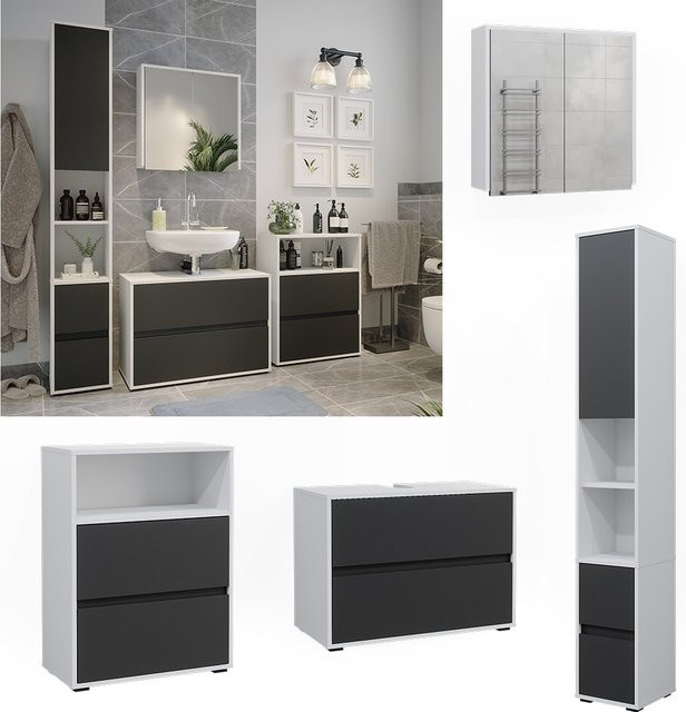 Vicco Badmöbel-Set Maltin in Weiß und Anthrazit, modernes 4-teiliges Set bestehend aus Waschtischunterschrank, Spiegelschrank, Midischrank und Hochschrank - Bild 1