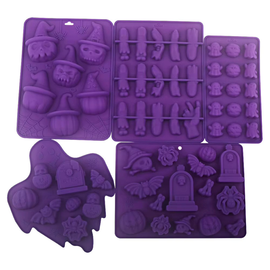 Meibum Halloween Silikonbackformen Set mit Totenkopf, Geist, Fledermaus, Spinne und Fingern in Lila für Schokoladenmousse und Desserts - Bild 2