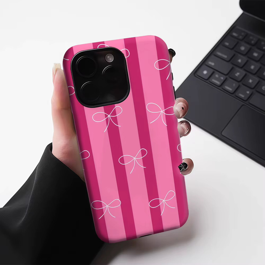 Potdemiel Handyhülle mit rosa Streifen und weißen Schleifen für iPhone 17 16 15 14 13 Pro Max Plus, robuste Magnetische Einzel- und Doppelschicht Hülle in Pink und Weiß - Bild 4