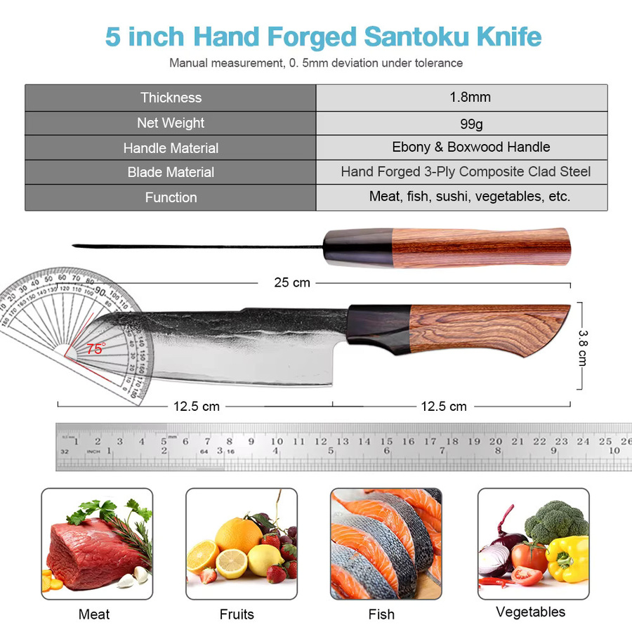 XITUO Santoku-Kochmesser aus japanischem Edelstahl, handgeschmiedetes Allzweckmesser mit Holzgriff, Silber, Klingenlänge: 12,7 cm - Bild 2