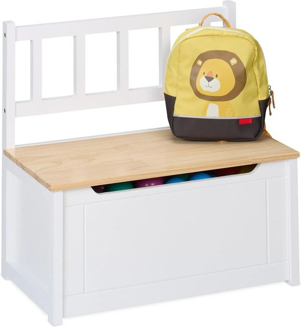 Relaxdays Kinderbank aus Kiefernholz und MDF mit Stauraum und Rückenlehne, Weiß/Braun, B: 55 cm, T: 57 cm, H: 31 cm - Bild 1