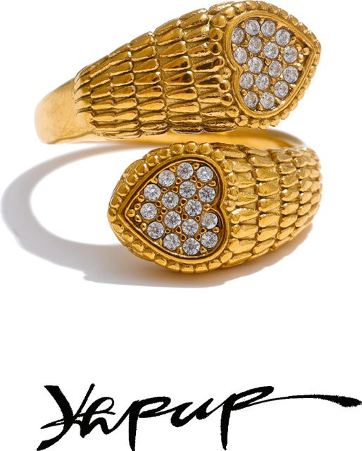 Yhpup Ring Edelstahl, Zirkonia, Herz-Schlangenring, Damen, Gold - Bild 1