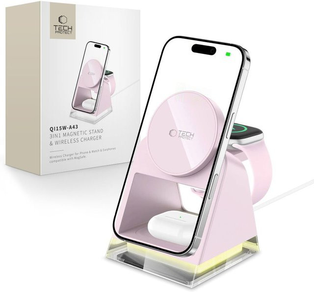 Tech-Protect A43 3in1 Drahtloses Netzladegerät mit 15W in Rosa - Bild 1