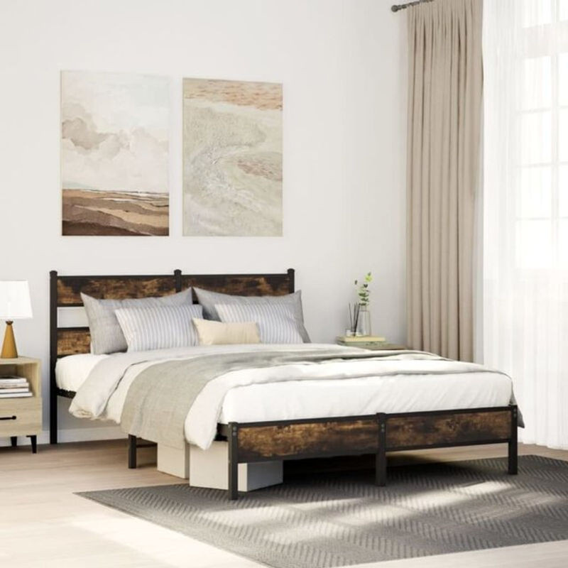 Bettgestell aus Holzwerkstoff und Stahl in Räuchereiche Optik von vidaxl, B/T: 100 x 200 cm, Farbe: Braun - Bild 1