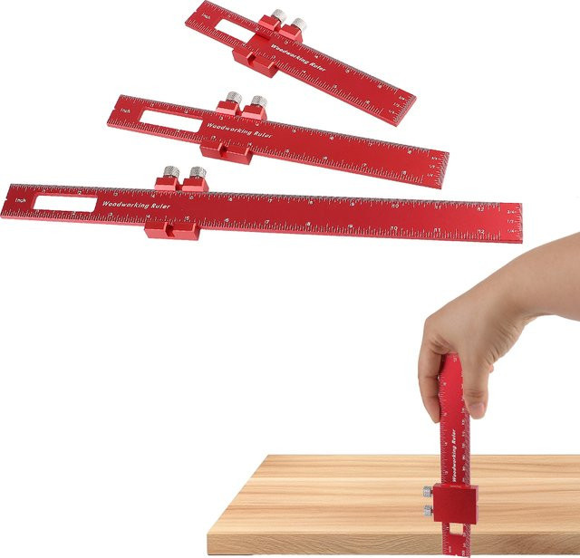 Tiefenmesser Set aus Aluminiumlegierung für die Holzbearbeitung, Markierungsschiebelehre und Scribe-Lineal, Farbe: Rot, 3 Stück - Bild 1