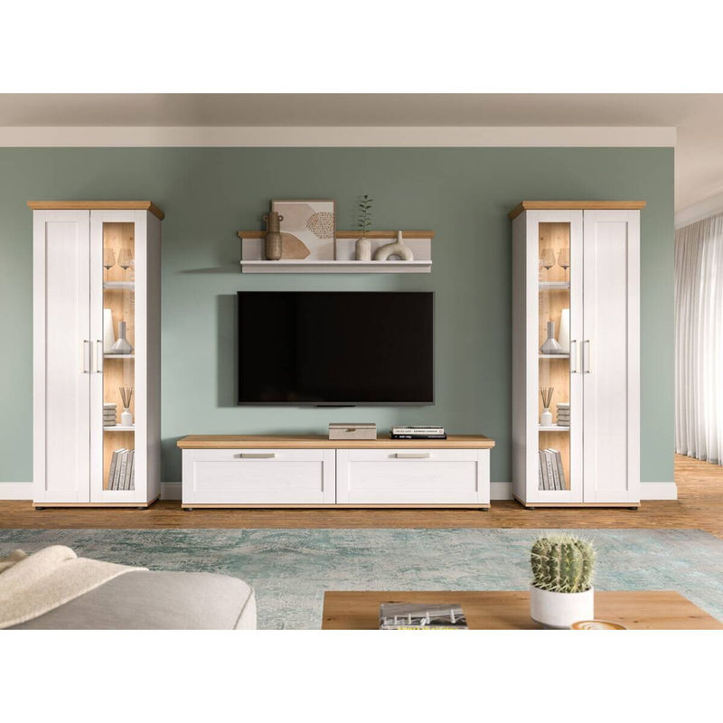 Wohnwand VERONA von xonox.home in Lärche und Eiche Nachbildung im Landhaus-Look mit Lowboard, Wandboard und zwei Vitrinen mit Glastüren, Farbe: Braun, B/H/T: 316 x 161 x 40 cm - Bild 3