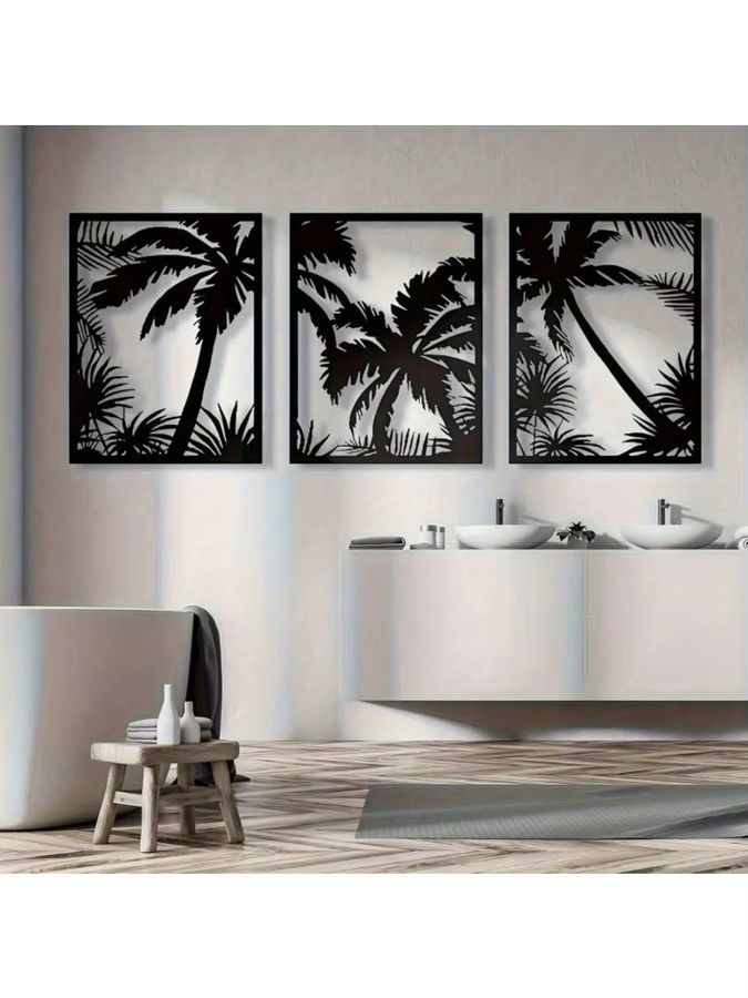 CIFBUY Wandkunst Tropische Palme aus Metall in Schwarz mit geometrischer Sonnenuntergangs-Silhouette im Boho-Stil - Bild 5
