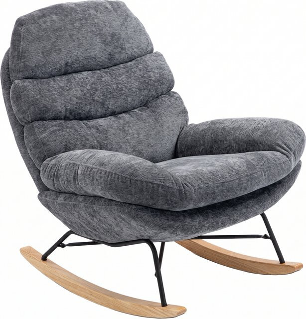 HOMCOM Schaukelstuhl mit Rückenlehne und Chenille-Optik in Dunkelgrau, gepolsterter Relaxsessel mit Holzkufen für das Wohnzimmer - Bild 1