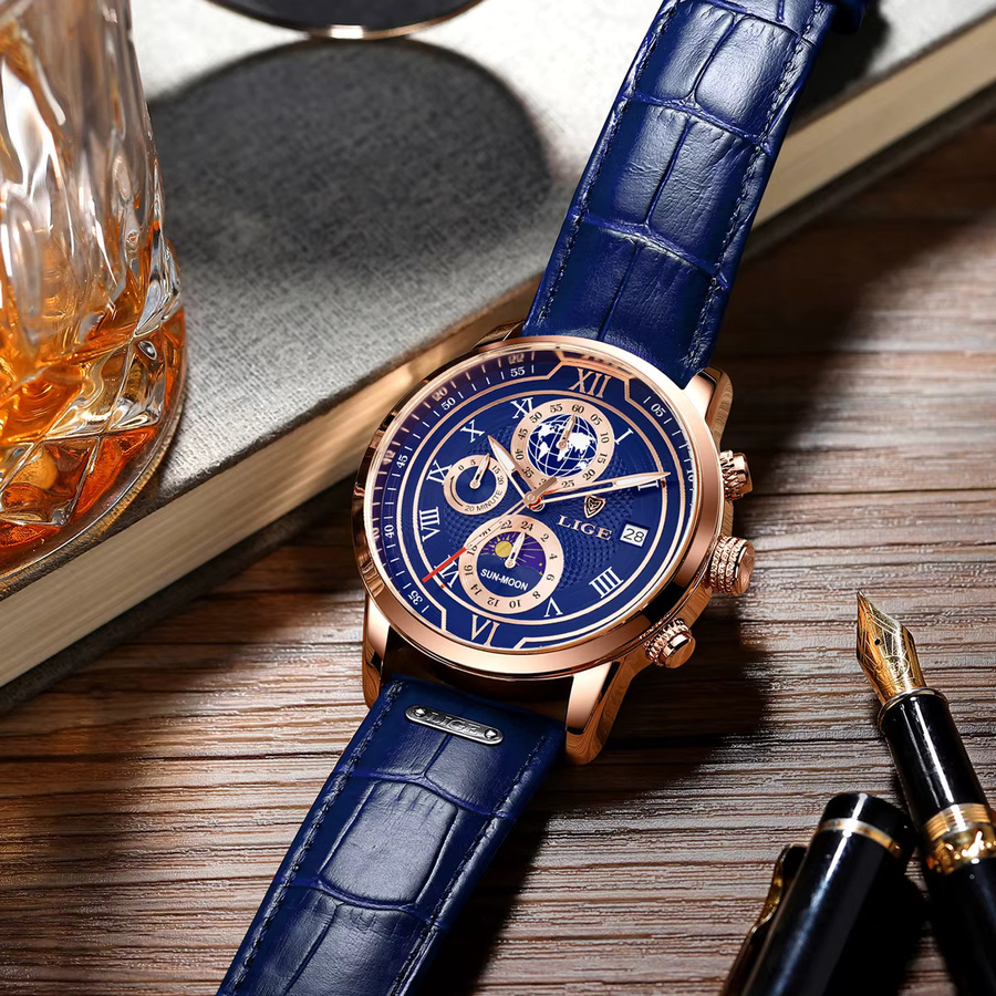 LIGE Armbanduhr Chronograph, Quarz, Leder, Roségold, Blau, Herren - Bild 5
