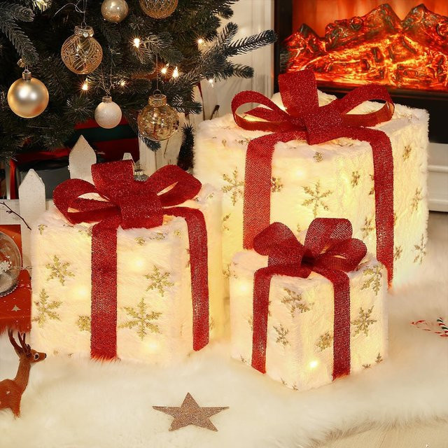 DBF 3-teiliges Set leuchtende Weihnachtsgeschenkboxen aus PVC in Multicolor mit Schleife und Band zur Außen- und Tischdekoration - Bild 1