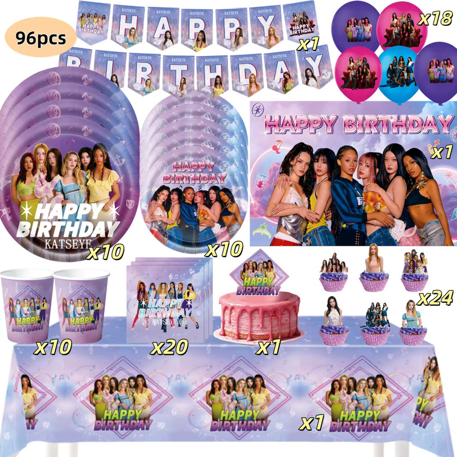 Katseye Geburtstagsparty-Dekorationsset in Lila mit Tellern, Bechern, Servietten und Ballons für K-Pop-Partys - Bild 3
