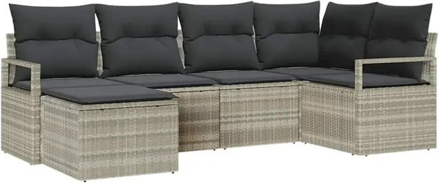 vidaXL Garten-Sofa-Set 6-teilig aus Polyrattan in Hellgrau mit Polsterkissen und Fußhocker - Bild 1