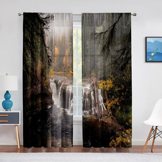 Voile Vorhang Bergsee Frühling Naturlandschaft mit Blumenmuster, 2 Paneele, halbtransparent, Mehrfarbig, Breite: 100 cm, Höhe: 130 cm - Bild 1