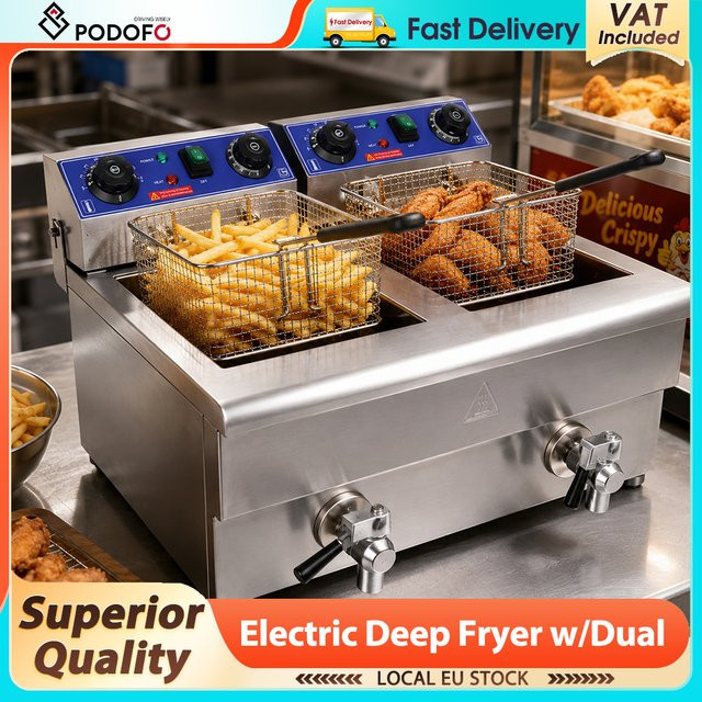 Podofo Elektrische Doppel-Fritteuse aus Edelstahl mit 3000W Leistung, 20L Volumen und automatischem Timer, Silber - Bild 1