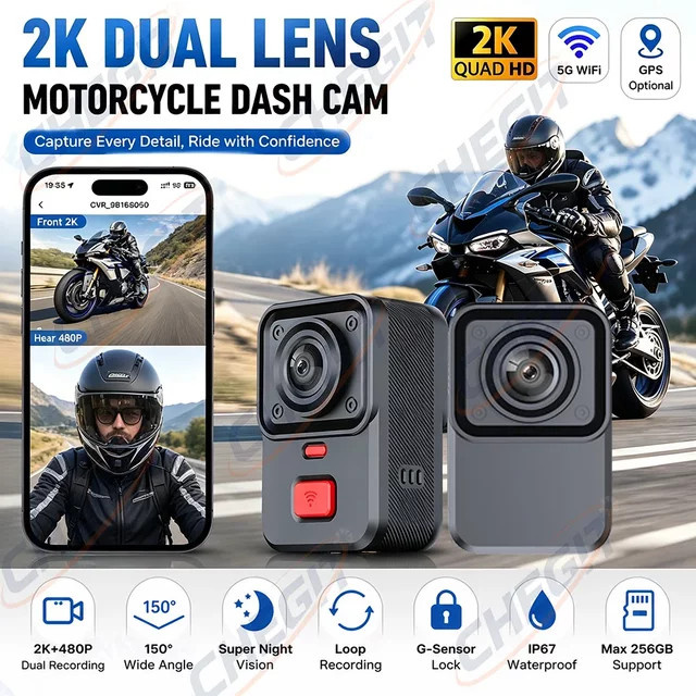 WDSZKMYF Motorrad Dashcam mit Dual-Objektiv 2K & 480P, WiFi, GPS und 170 Grad Weitwinkel, wasserdicht nach IP66, Schwarz - Bild 1
