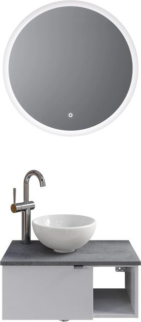 Pelipal Badmöbel-Set Serie 6915 in Weiß Glanz und Dunkelgrau Oxid mit Keramik Aufsatzbecken, Waschtischunterschrank und Funktionsspiegel mit LED-Beleuchtung - Bild 1