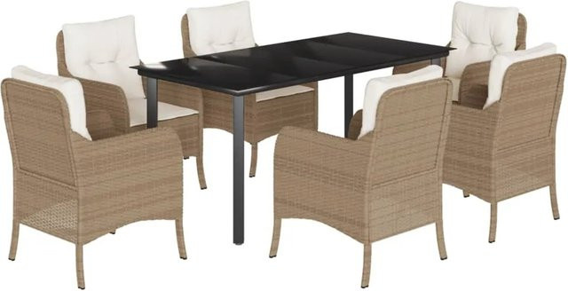 vidaXL 7-teilige Garten-Essgruppe aus Poly-Rattan mit Kissen in Beige und Cremeweiß - Bild 1